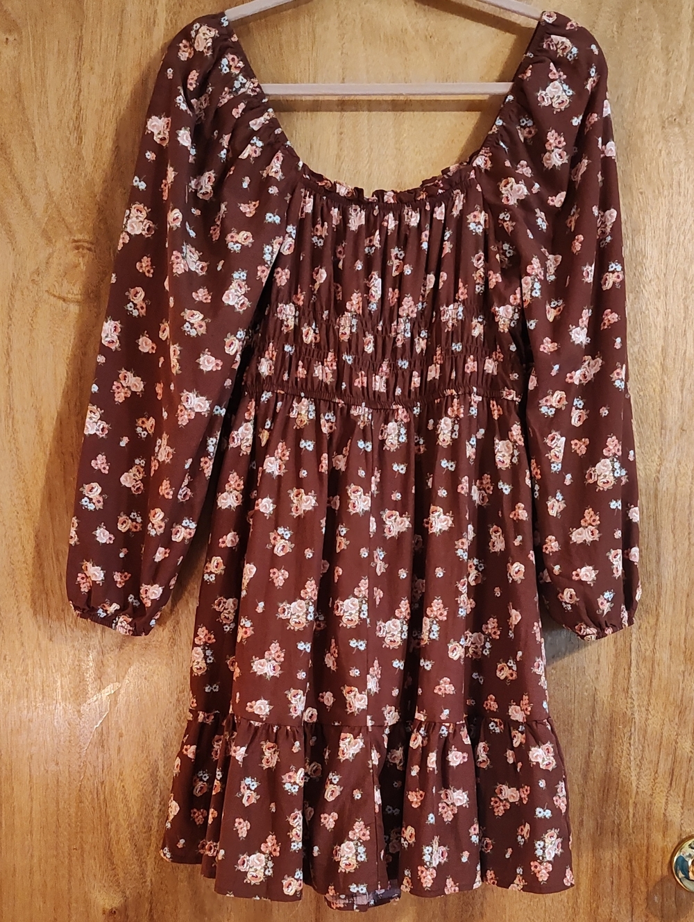 Celebrity Pink Puff Sleeve Babydoll Dress Vintage Bloom Brown Coral Smocked Med - Picture 8 of 15